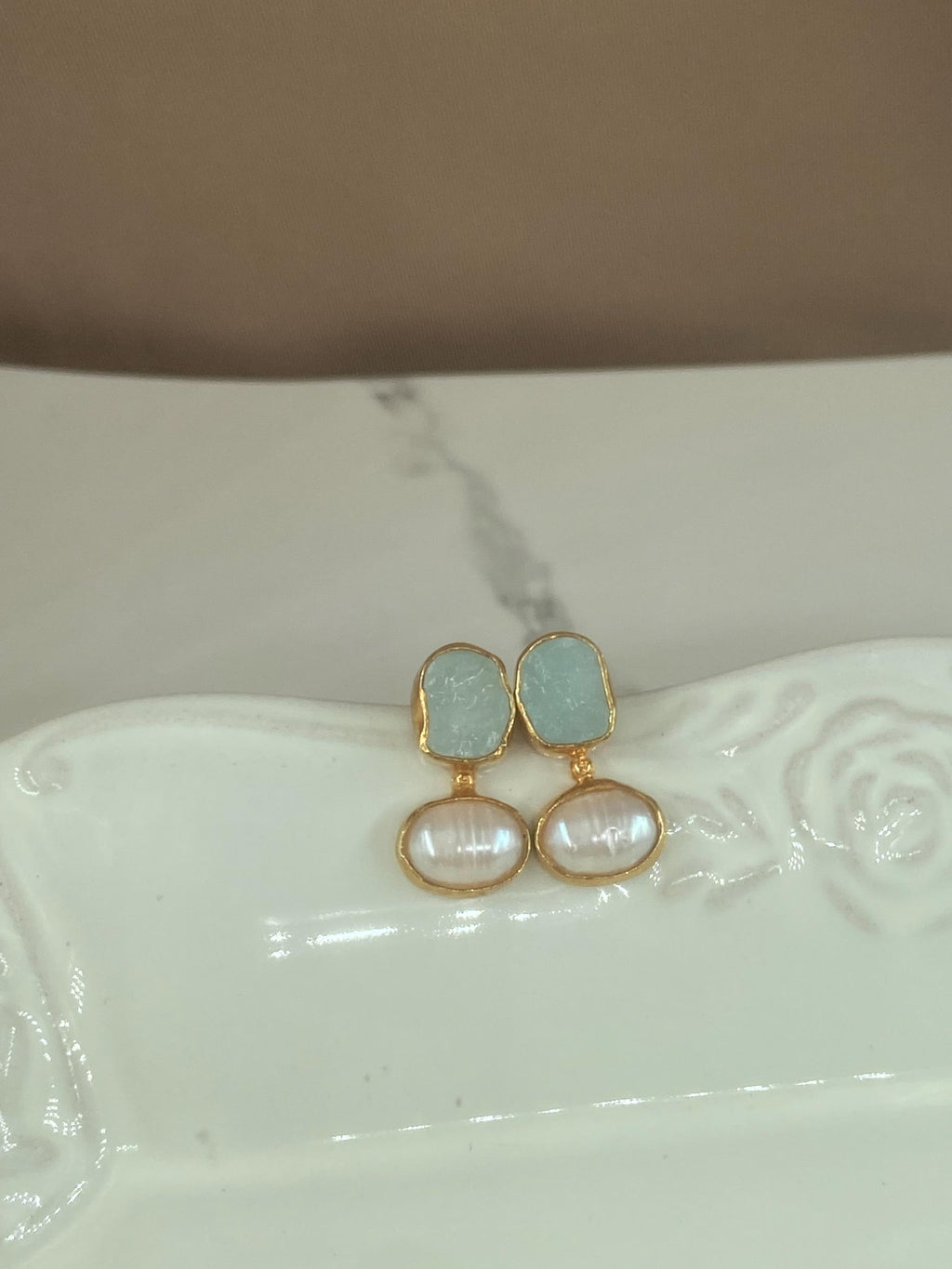 raw aquamarine and freshwater pearl handmade 925 sterling silver in 22k yellow gold plated stud earrings