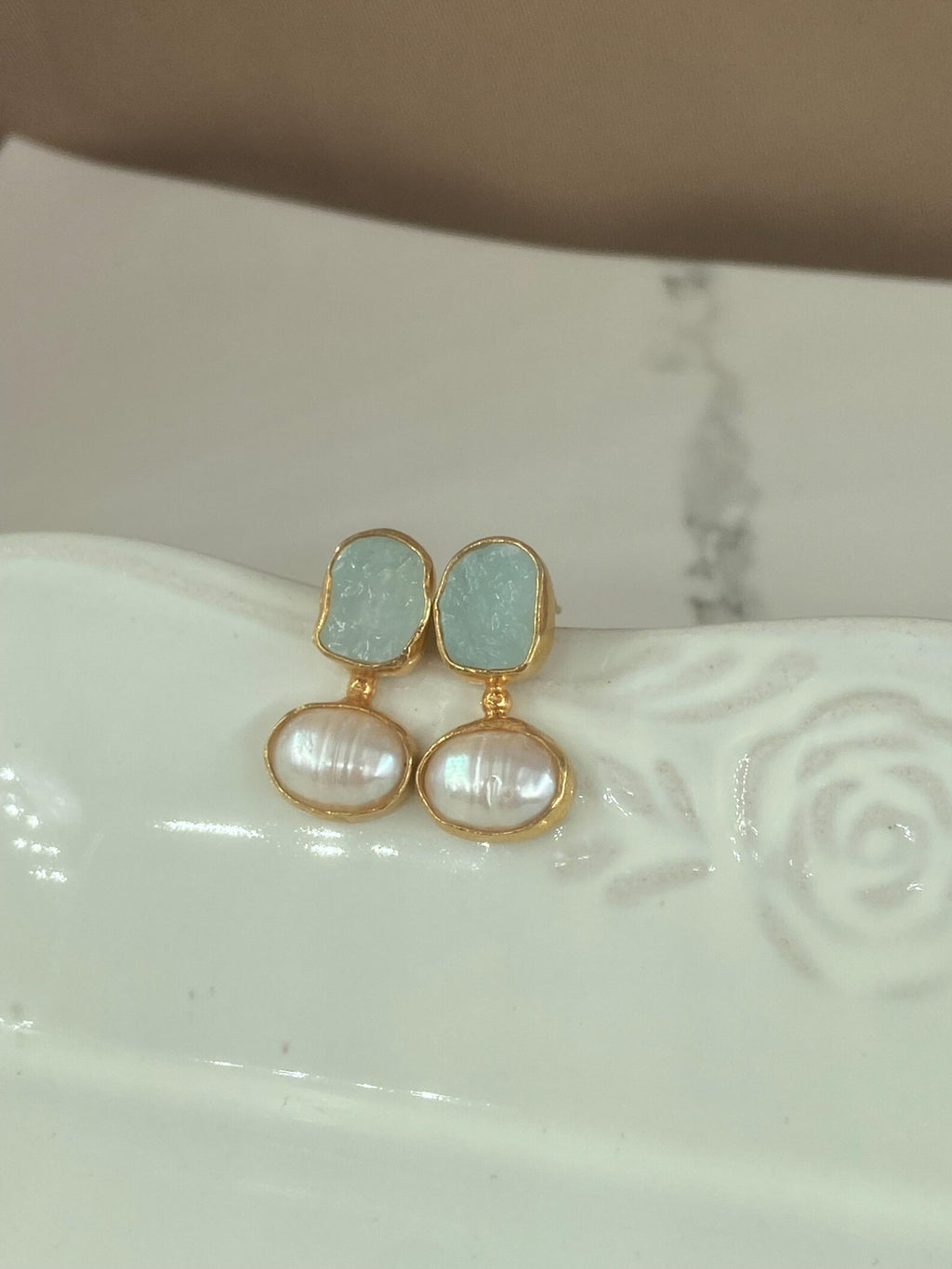 raw aquamarine and freshwater pearl handmade 925 sterling silver in 22k yellow gold plated stud earrings