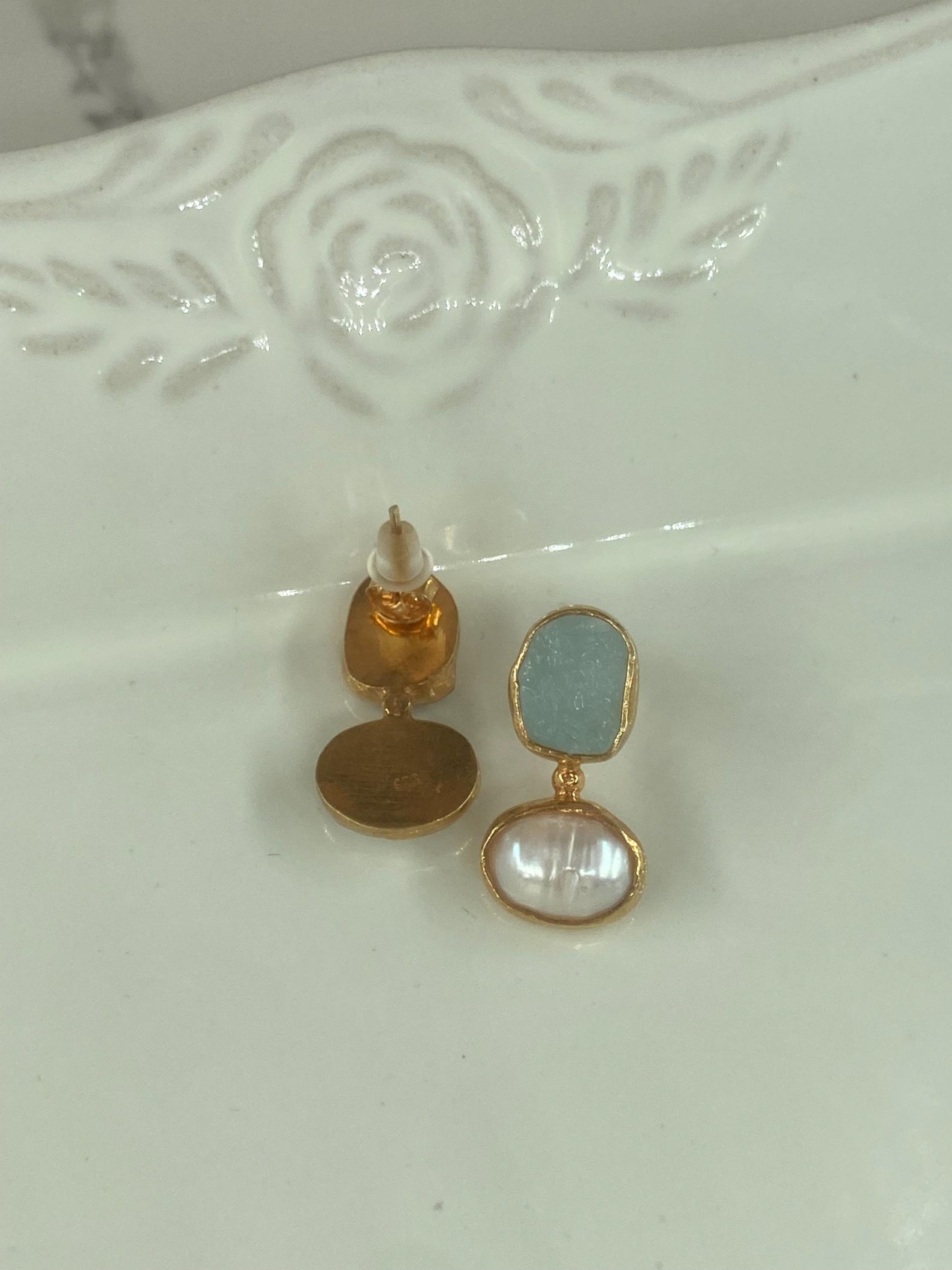 raw aquamarine and freshwater pearl handmade 925 sterling silver in 22k yellow gold plated stud earrings