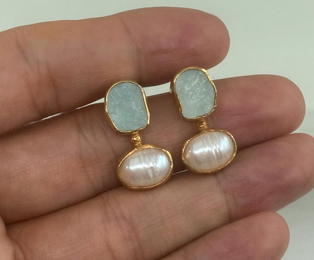 raw aquamarine and freshwater pearl handmade 925 sterling silver in 22k yellow gold plated stud earrings
