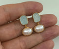 raw aquamarine and freshwater pearl handmade 925 sterling silver in 22k yellow gold plated stud earrings