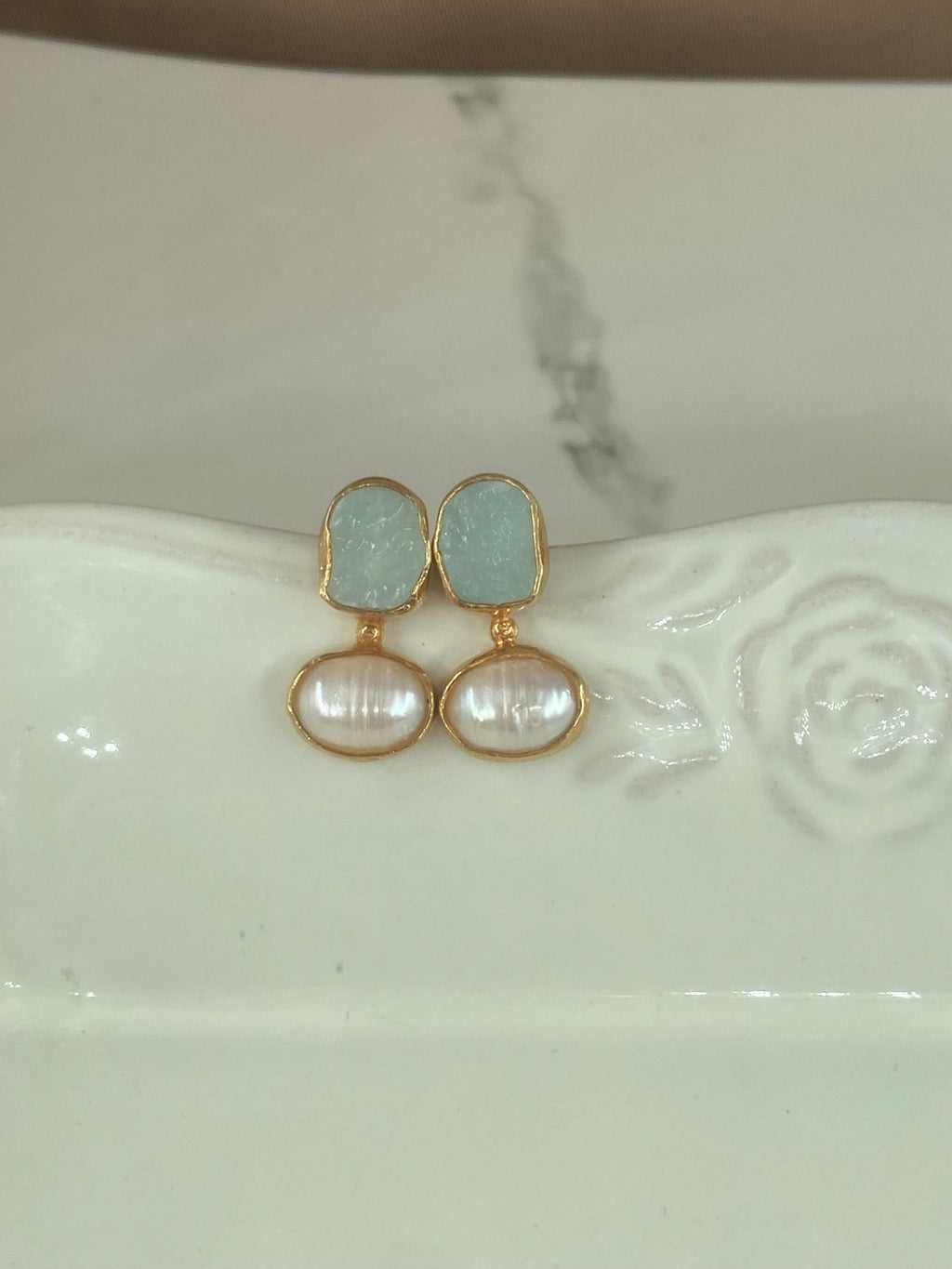 raw aquamarine and freshwater pearl handmade 925 sterling silver in 22k yellow gold plated stud earrings