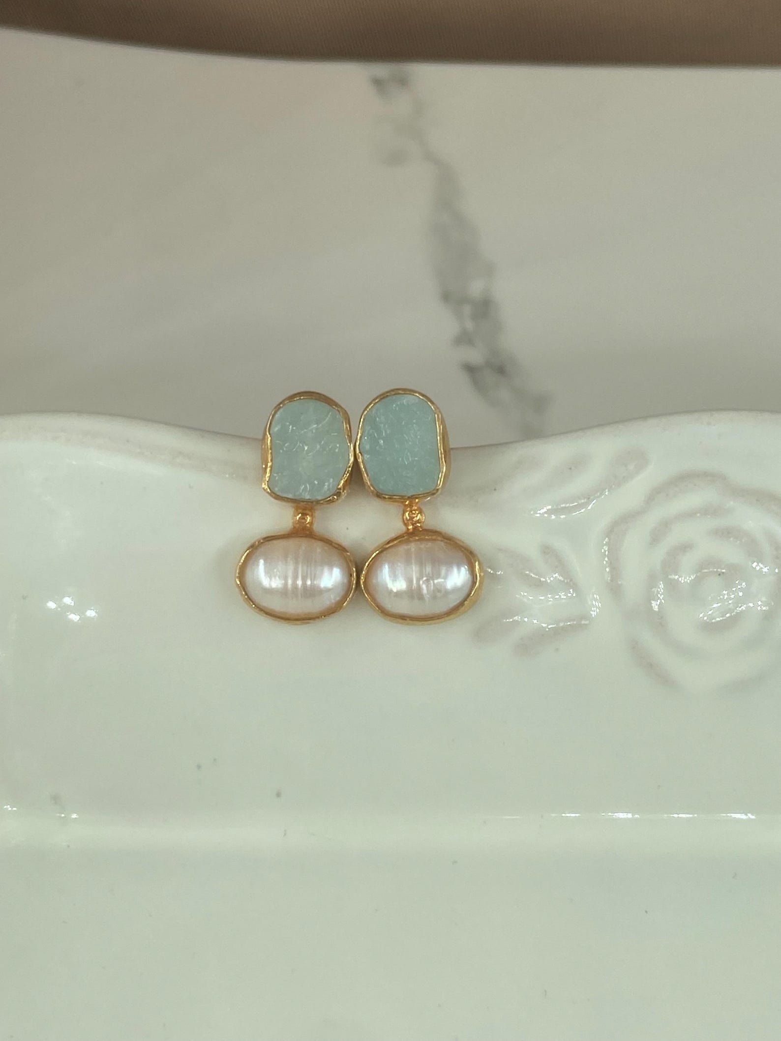 raw aquamarine and freshwater pearl handmade 925 sterling silver in 22k yellow gold plated stud earrings