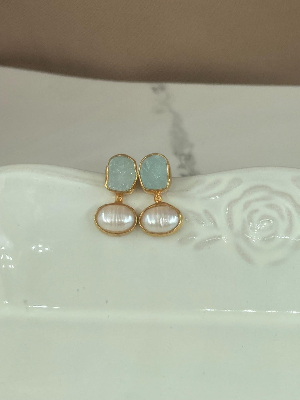 raw aquamarine and freshwater pearl handmade 925 sterling silver in 22k yellow gold plated stud earrings