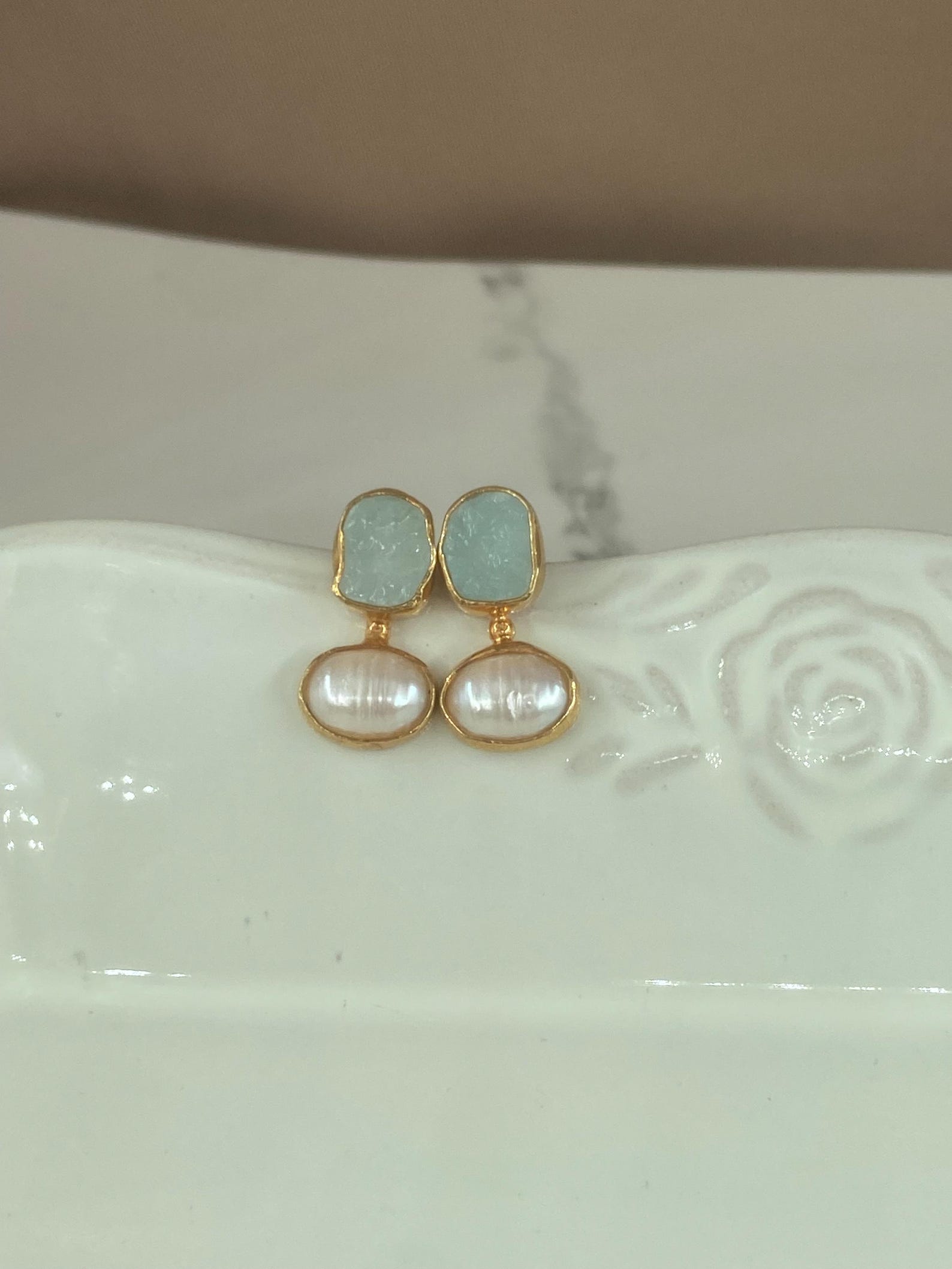 raw aquamarine and freshwater pearl handmade 925 sterling silver in 22k yellow gold plated stud earrings