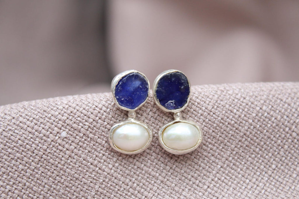 Raw Sapphire Pearl Stud Earrings Handmade Sterling Silver Gemstone Earrings