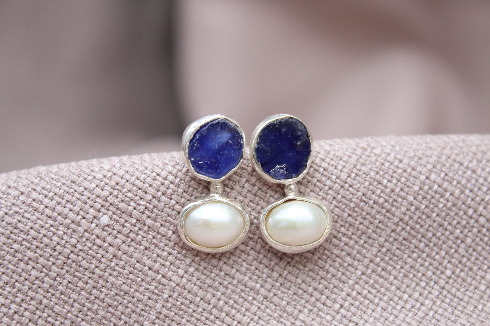 Raw Sapphire Pearl Stud Earrings Handmade Sterling Silver Gemstone Earrings