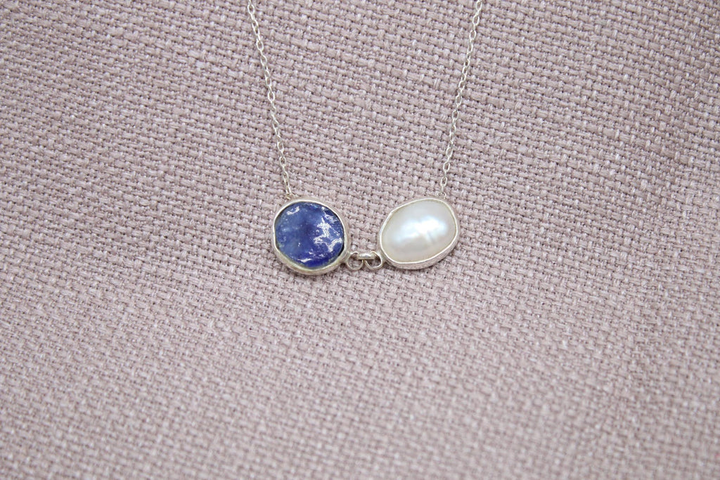 Raw Sapphire Pearl Necklace Handmade Sterling Silver Gemstone Necklace 18 inch chain