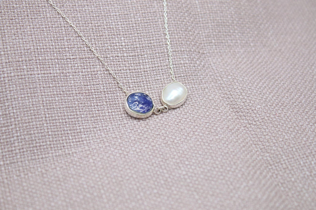 Raw Sapphire Pearl Necklace Handmade Sterling Silver Gemstone Necklace 18 inch chain