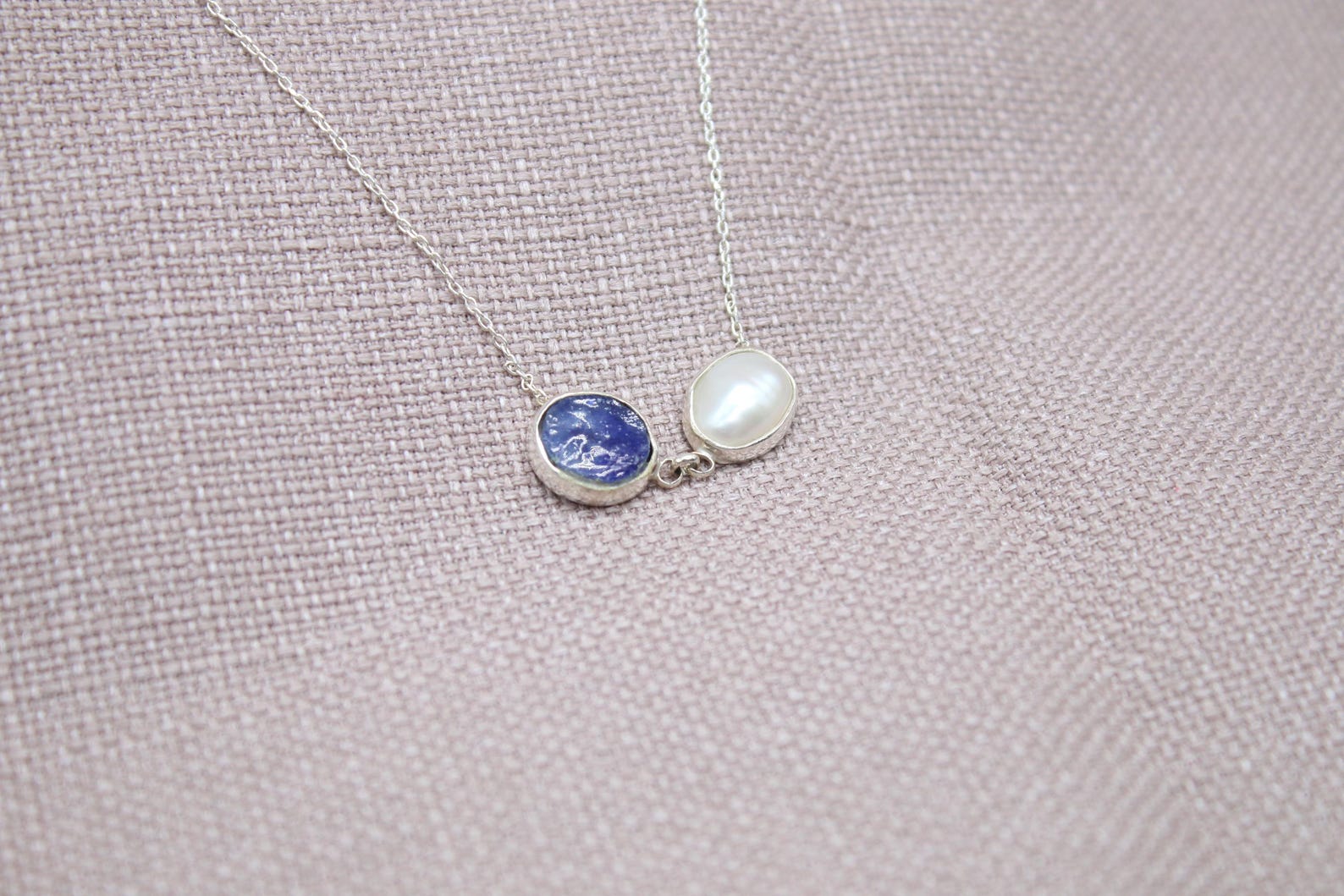 Raw Sapphire Pearl Necklace Handmade Sterling Silver Gemstone Necklace 18 inch chain