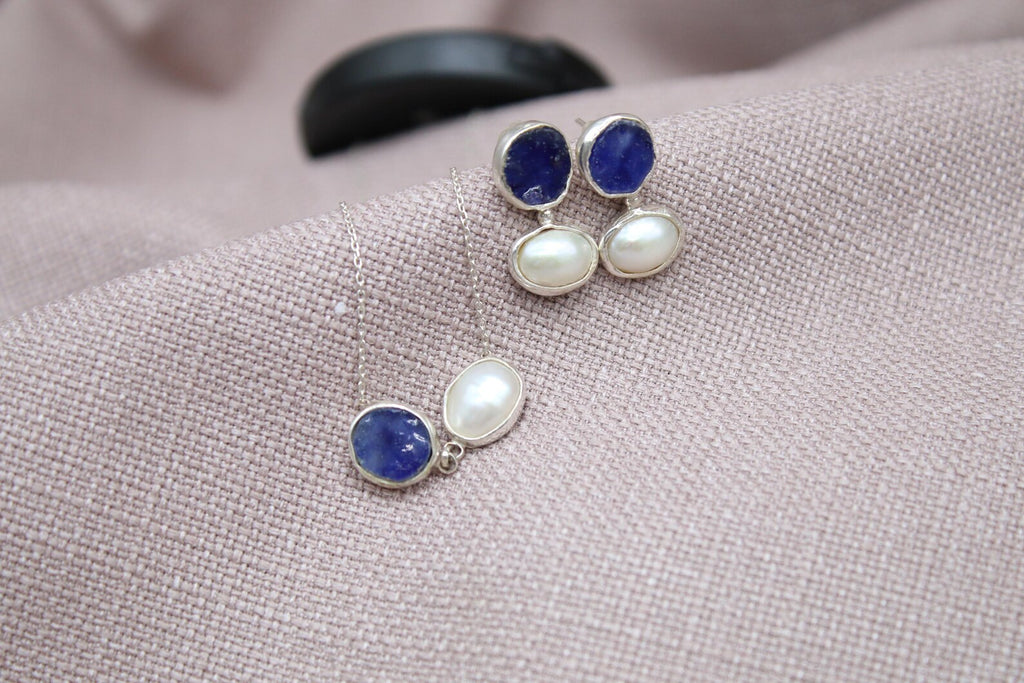 Raw Sapphire Pearl Jewelry Set Sterling Silver Necklace Earring Set