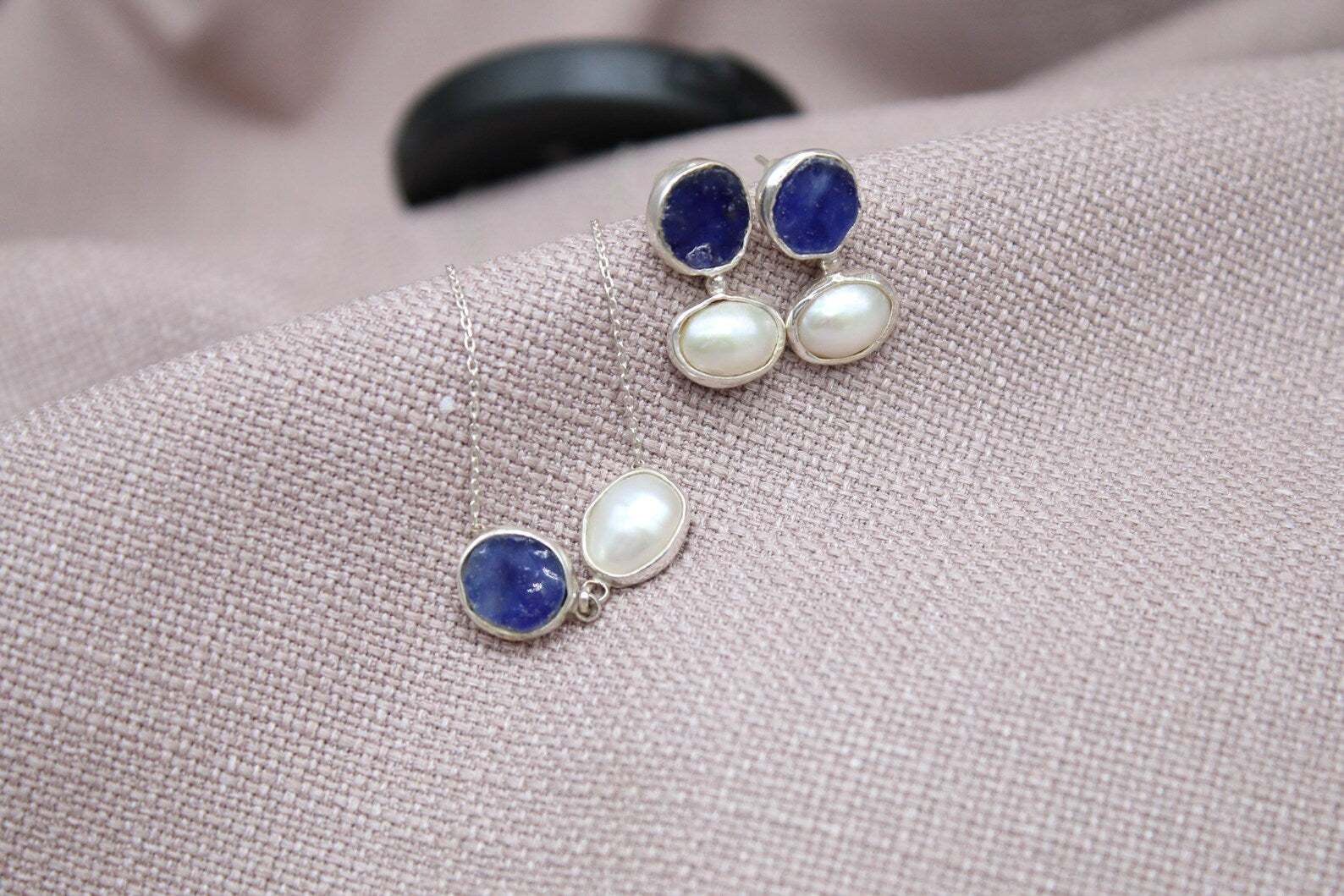 Raw Sapphire Pearl Jewelry Set Sterling Silver Necklace Earring Set