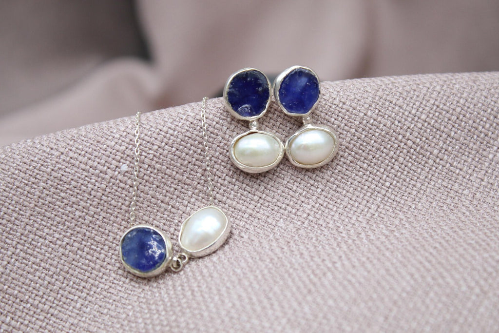 Raw Sapphire Pearl Jewelry Set Sterling Silver Necklace Earring Set