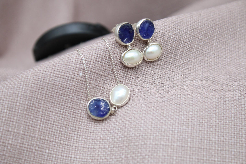 Raw Sapphire Pearl Jewelry Set Sterling Silver Necklace Earring Set