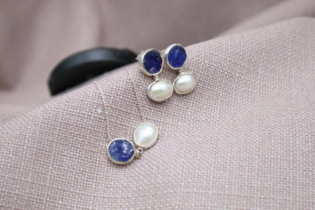 Raw Sapphire Pearl Jewelry Set Sterling Silver Necklace Earring Set
