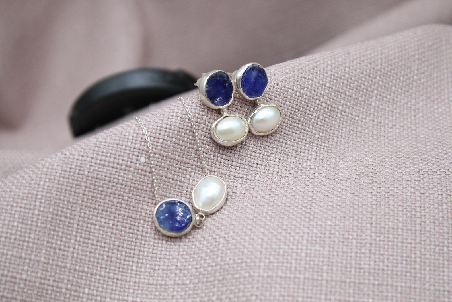 Raw Sapphire Pearl Jewelry Set Sterling Silver Necklace Earring Set
