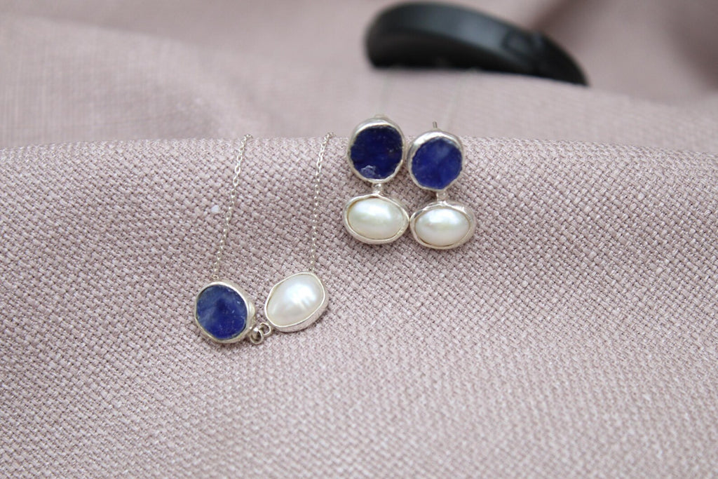Raw Sapphire Pearl Jewelry Set Sterling Silver Necklace Earring Set