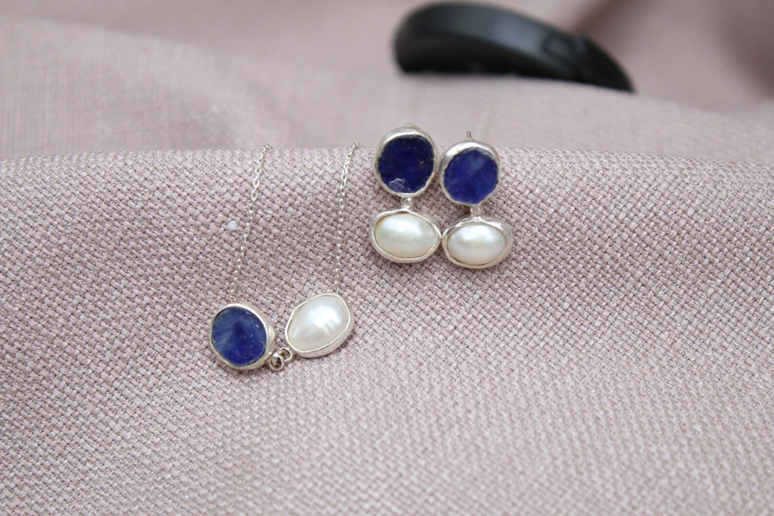 Raw Sapphire Pearl Jewelry Set Sterling Silver Necklace Earring Set