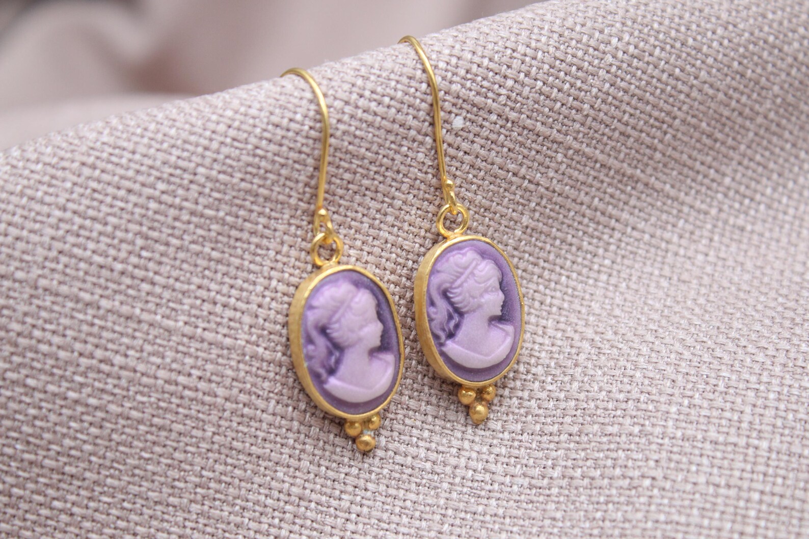 Victorian Cameo Earrings Gold Plated Sterling Silver Drop Earrings