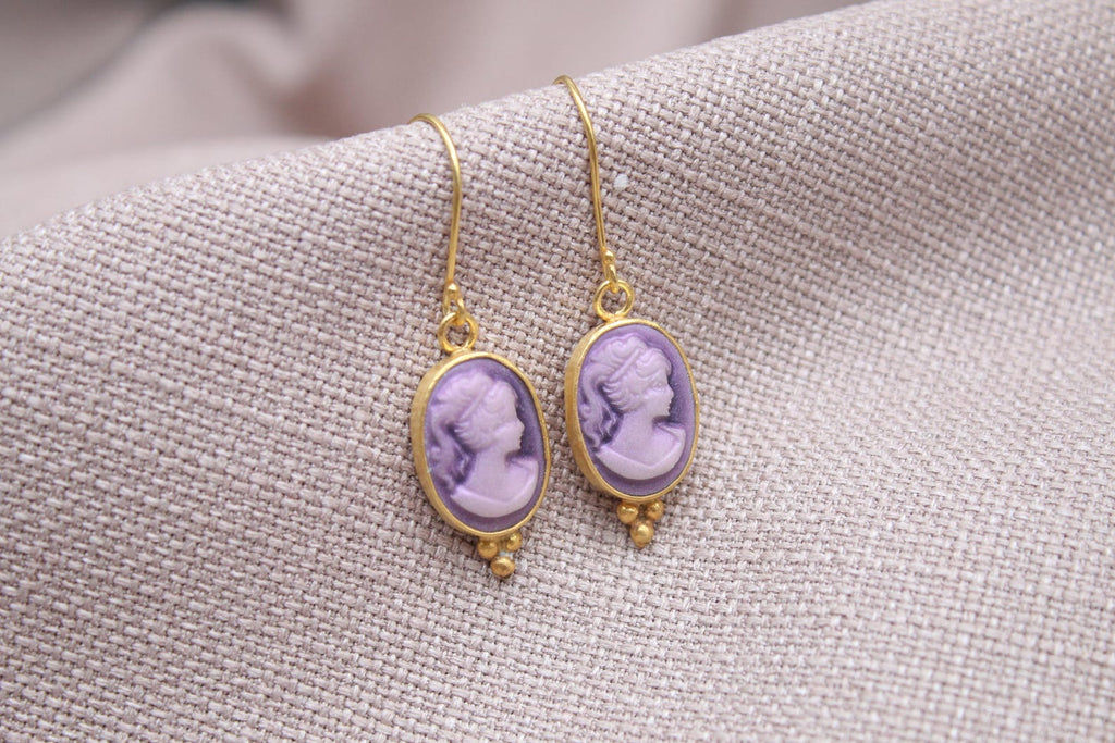 Victorian Cameo Earrings Gold Plated Sterling Silver Drop Earrings