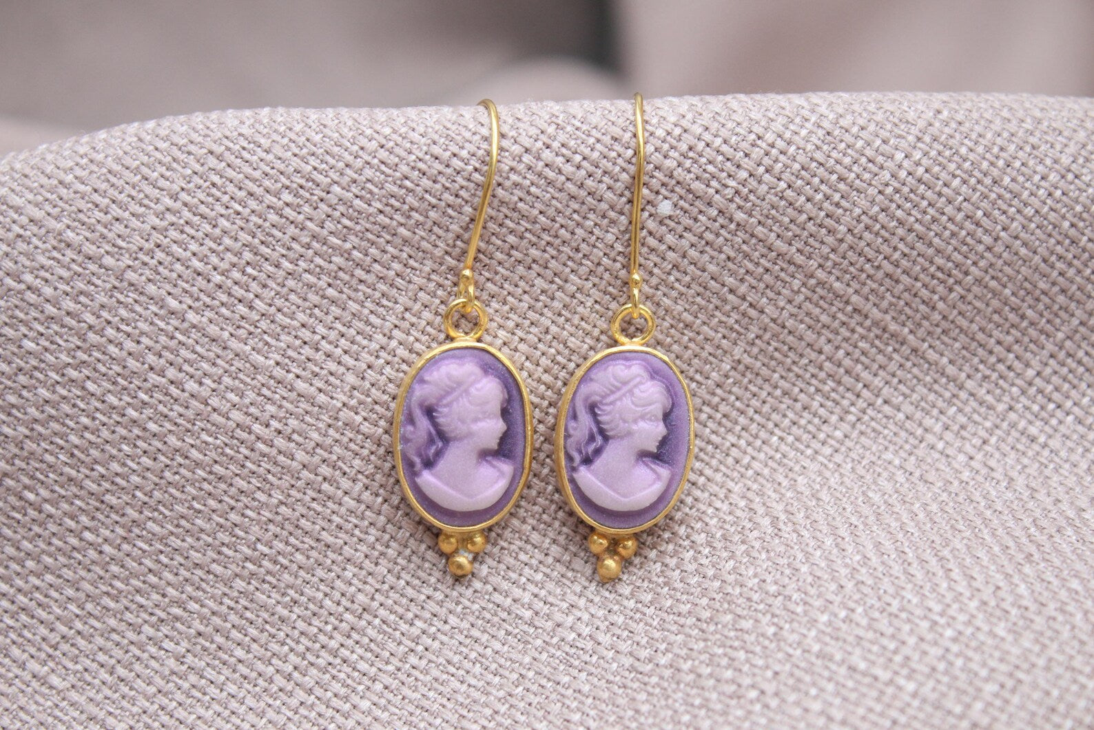 Victorian Cameo Earrings Gold Plated Sterling Silver Drop Earrings