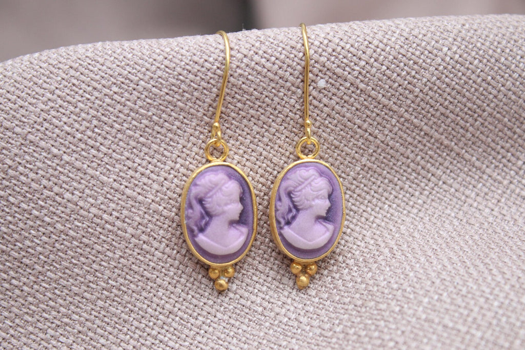 Victorian Cameo Earrings Gold Plated Sterling Silver Drop Earrings