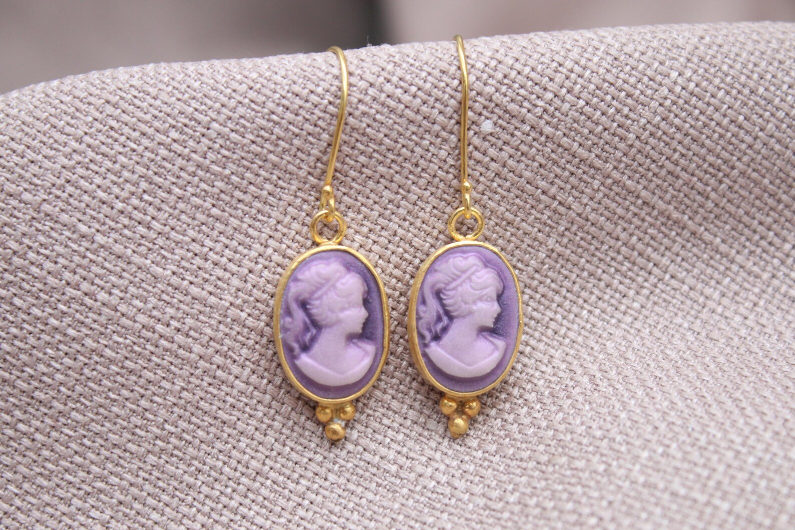 Victorian Cameo Earrings Gold Plated Sterling Silver Drop Earrings