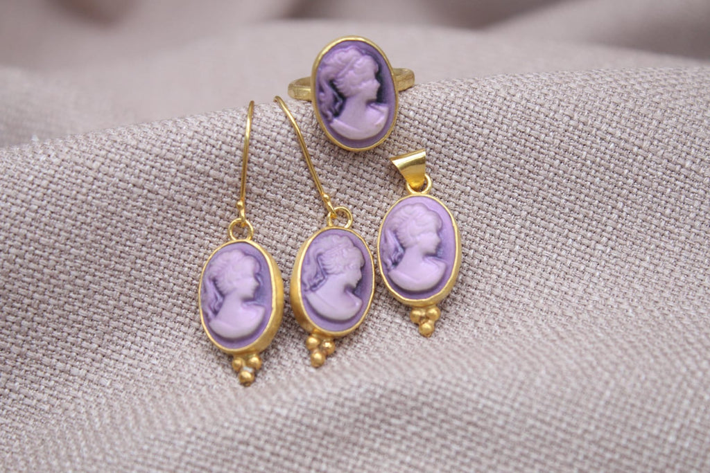 Victorian Cameo Jewelry Set Gold Plated Sterling Silver Gift Set