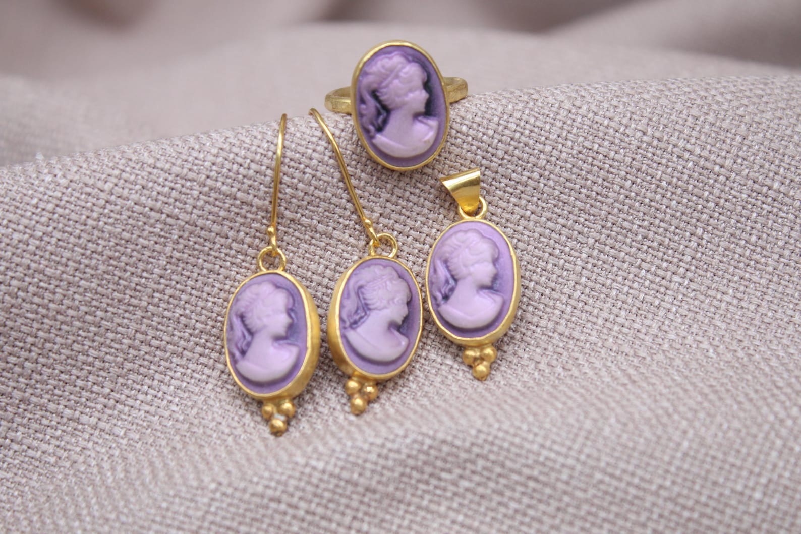 Victorian Cameo Jewelry Set Gold Plated Sterling Silver Gift Set