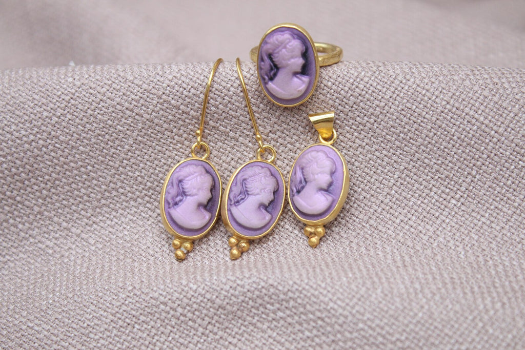 Victorian Cameo Jewelry Set Gold Plated Sterling Silver Gift Set
