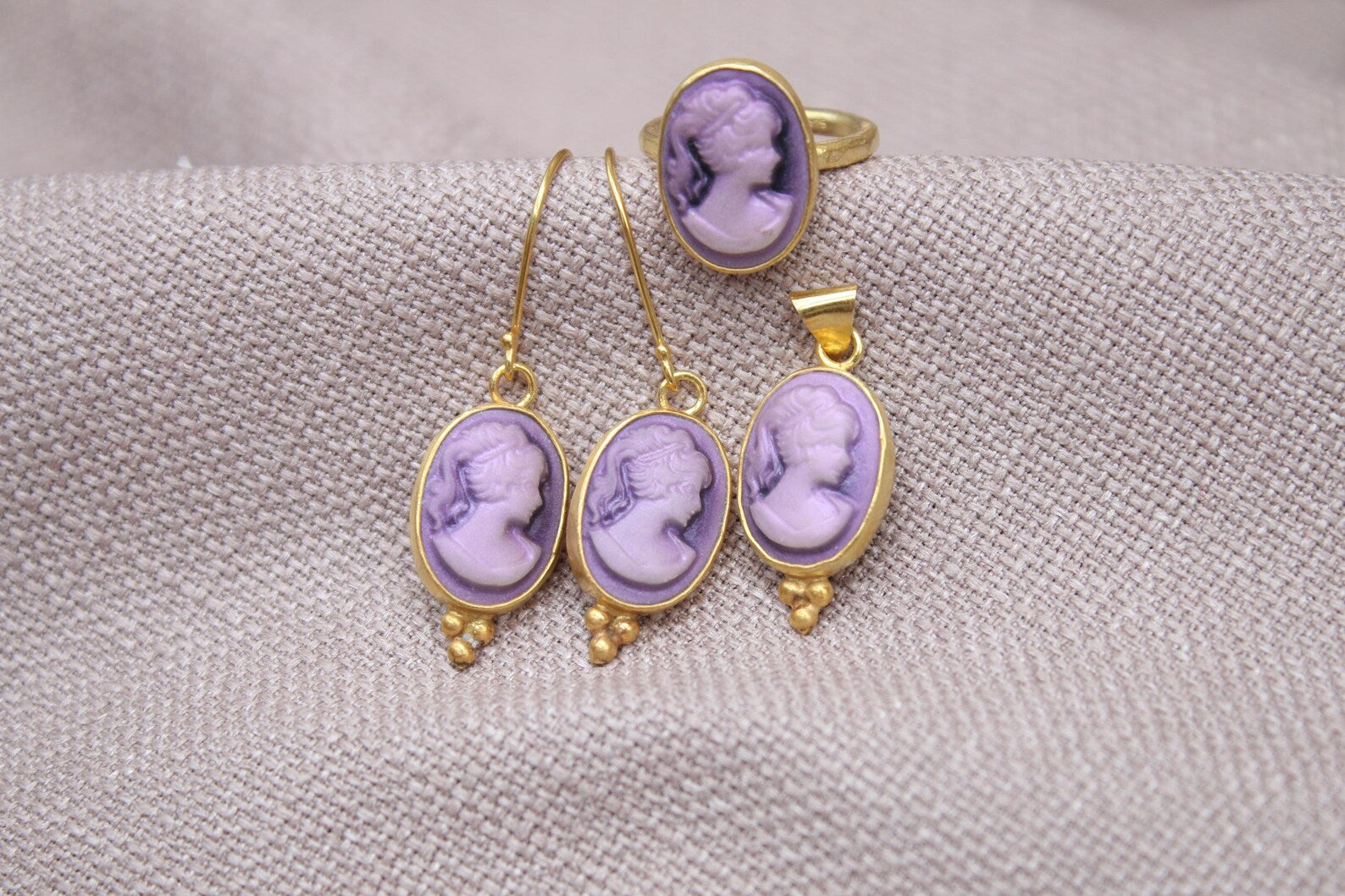 Victorian Cameo Jewelry Set Gold Plated Sterling Silver Gift Set