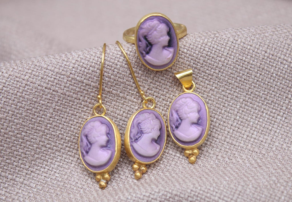 Victorian Cameo Jewelry Set Gold Plated Sterling Silver Gift Set