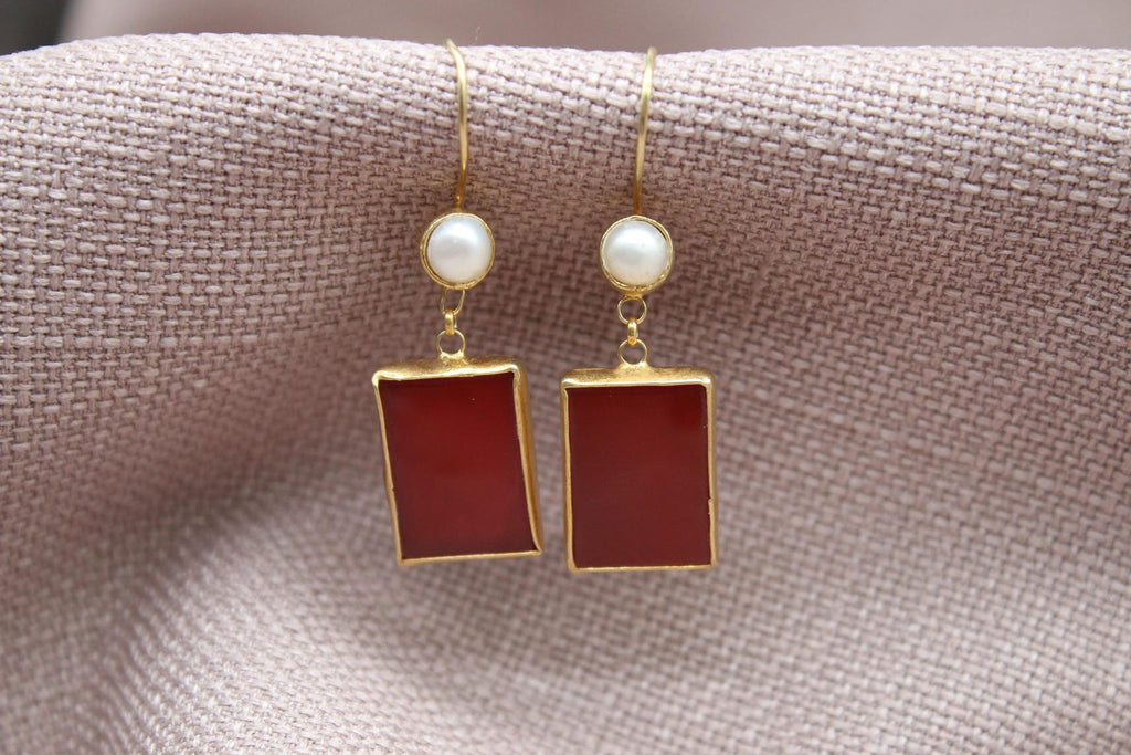 Carnelian Pearl Drop Earrings Gold Plated Sterling Silver Earrings