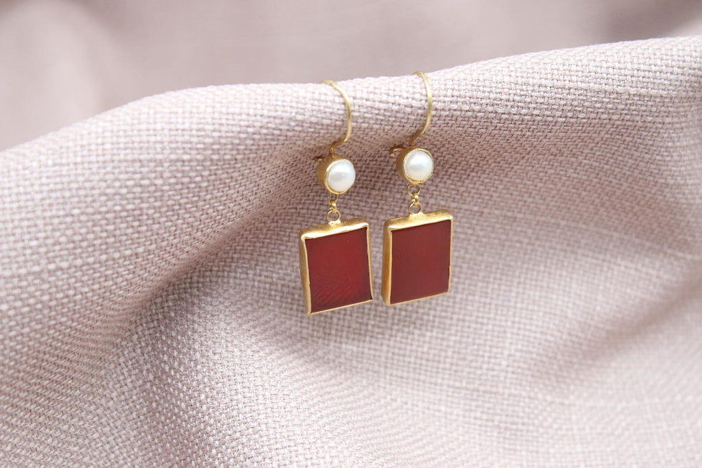 Carnelian Pearl Drop Earrings Gold Plated Sterling Silver Earrings