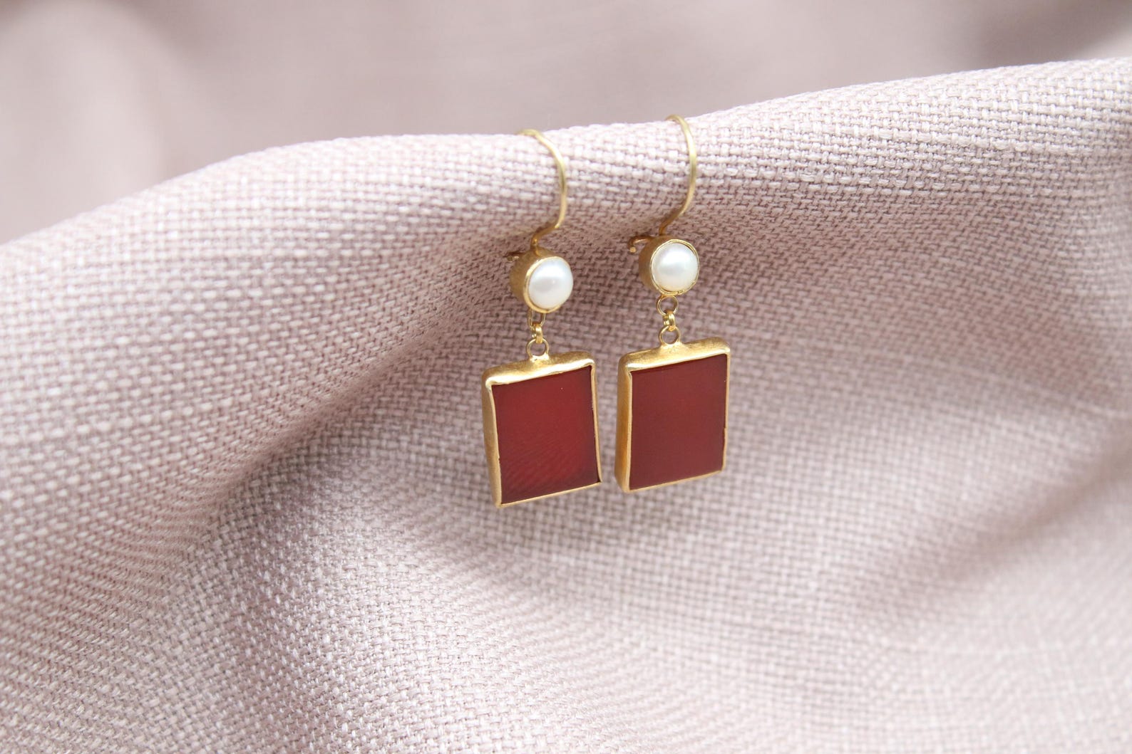 Carnelian Pearl Drop Earrings Gold Plated Sterling Silver Earrings