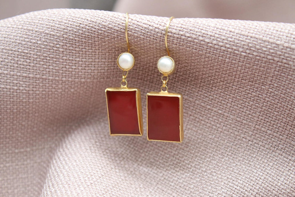 Carnelian Pearl Drop Earrings Gold Plated Sterling Silver Earrings