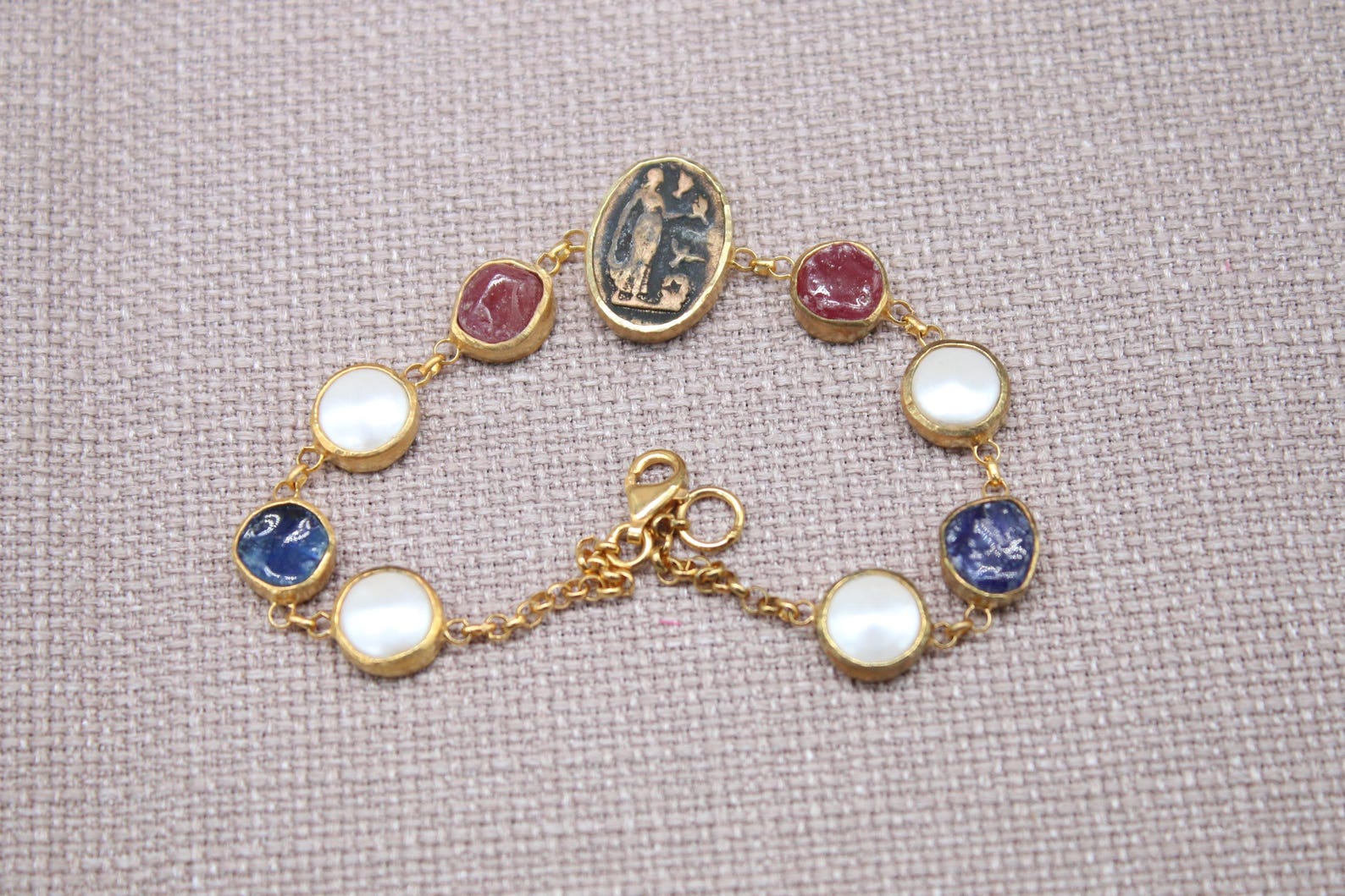Virgin Mary Gemstone Bracelet Gold Plated Sapphire Ruby Pearl Bracelet