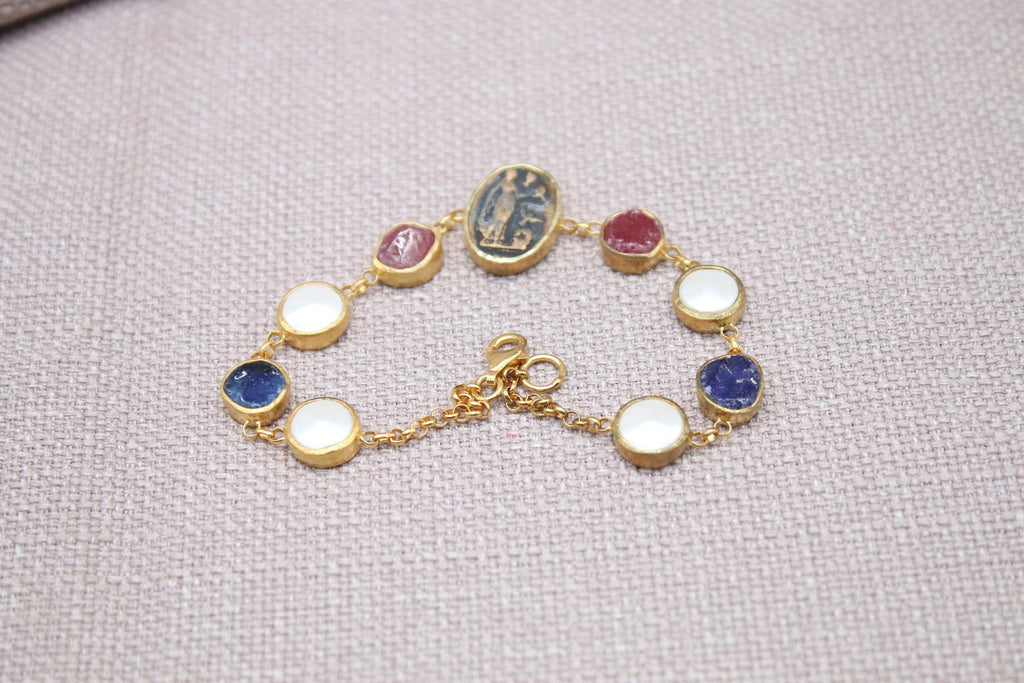 Virgin Mary Gemstone Bracelet Gold Plated Sapphire Ruby Pearl Bracelet