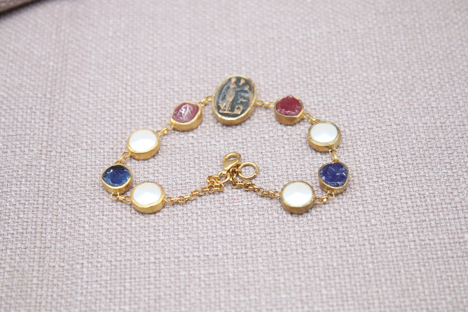 Virgin Mary Gemstone Bracelet Gold Plated Sapphire Ruby Pearl Bracelet