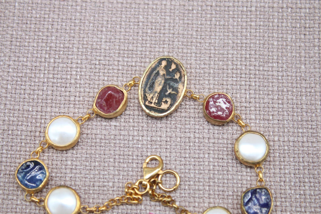 Virgin Mary Gemstone Bracelet Gold Plated Sapphire Ruby Pearl Bracelet