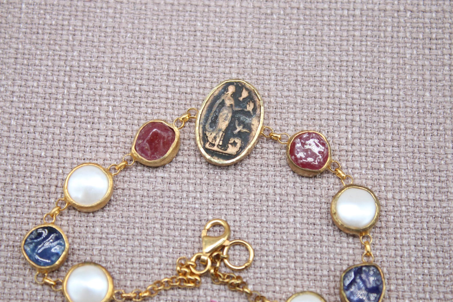 Virgin Mary Gemstone Bracelet Gold Plated Sapphire Ruby Pearl Bracelet