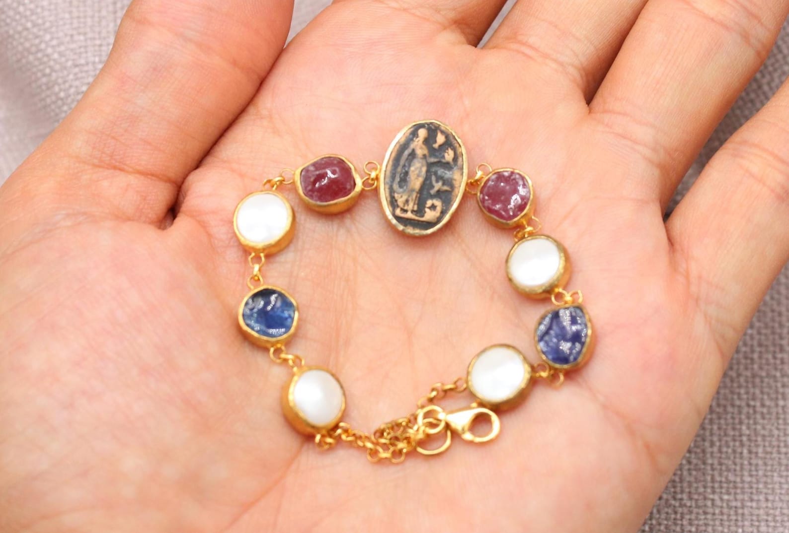 Virgin Mary Gemstone Bracelet Gold Plated Sapphire Ruby Pearl Bracelet