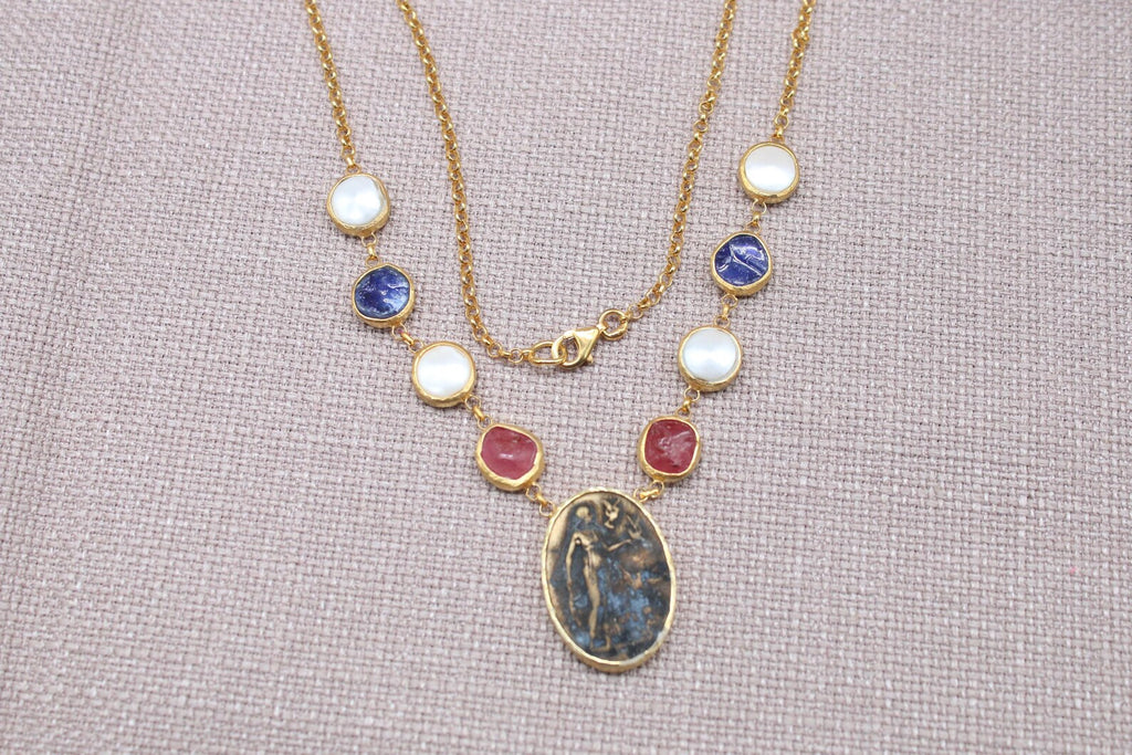 Virgin Mary Gemstone Necklace Gold Plated Sapphire Ruby Pearl Necklace