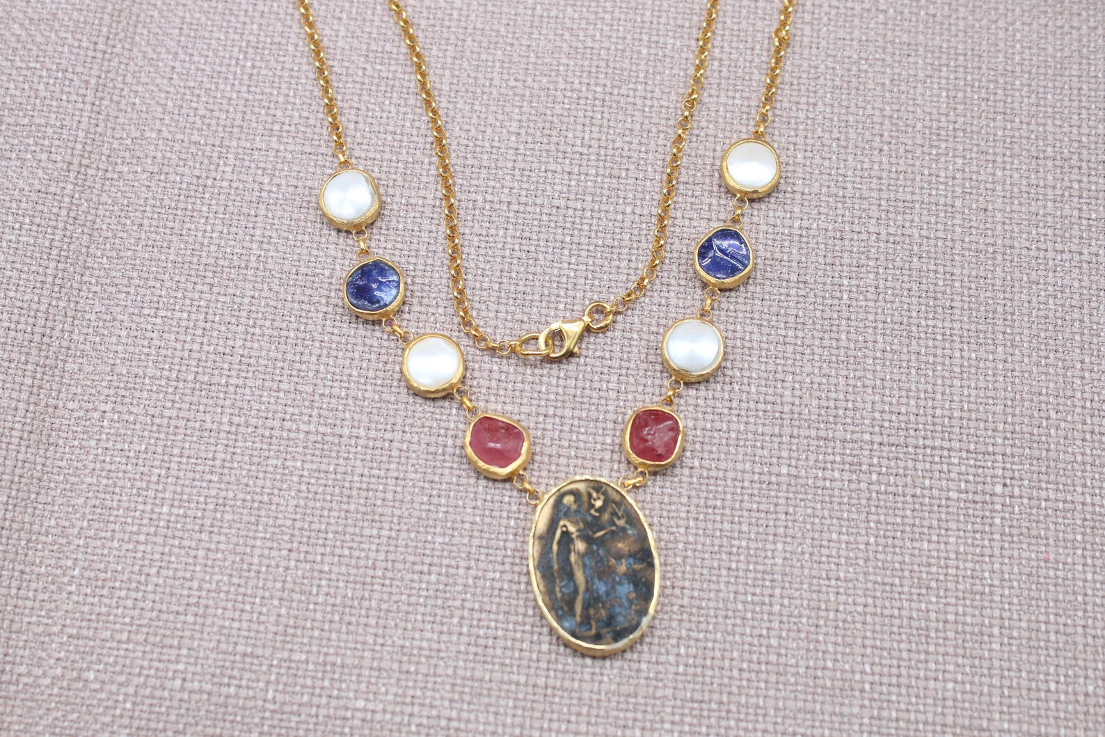 Virgin Mary Gemstone Necklace Gold Plated Sapphire Ruby Pearl Necklace