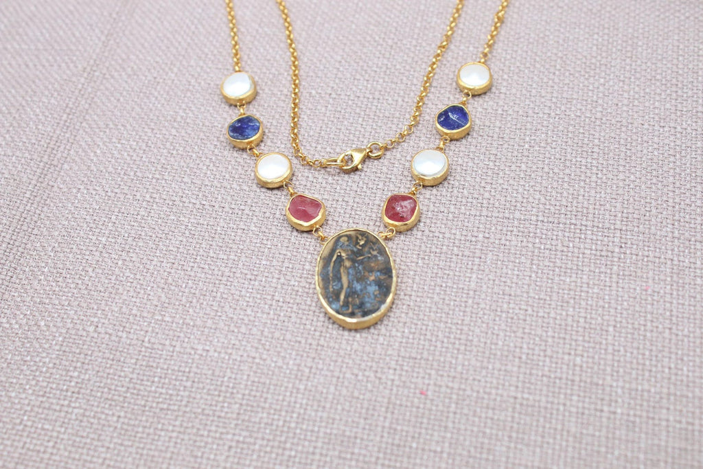 Virgin Mary Gemstone Necklace Gold Plated Sapphire Ruby Pearl Necklace