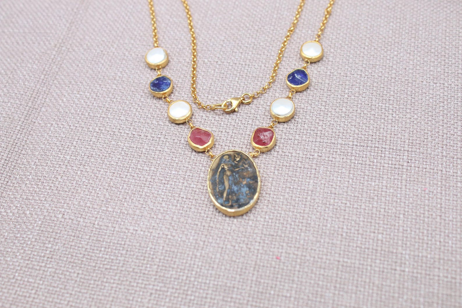 Virgin Mary Gemstone Necklace Gold Plated Sapphire Ruby Pearl Necklace