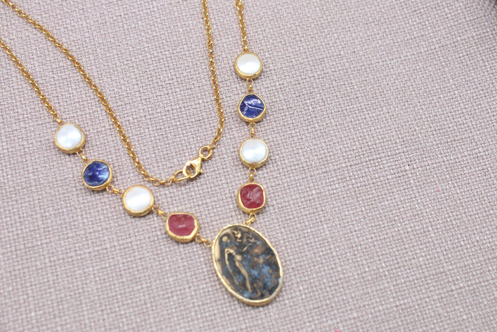 Virgin Mary Gemstone Necklace Gold Plated Sapphire Ruby Pearl Necklace