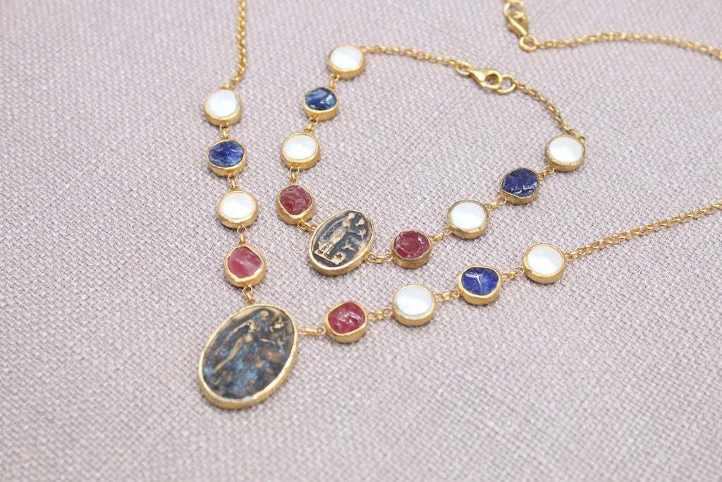 Virgin Mary Sapphire Ruby Pearl Jewelry Set Gold Plated Necklace Bracelet