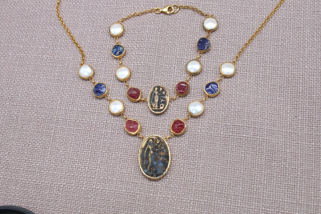 Virgin Mary Sapphire Ruby Pearl Jewelry Set Gold Plated Necklace Bracelet