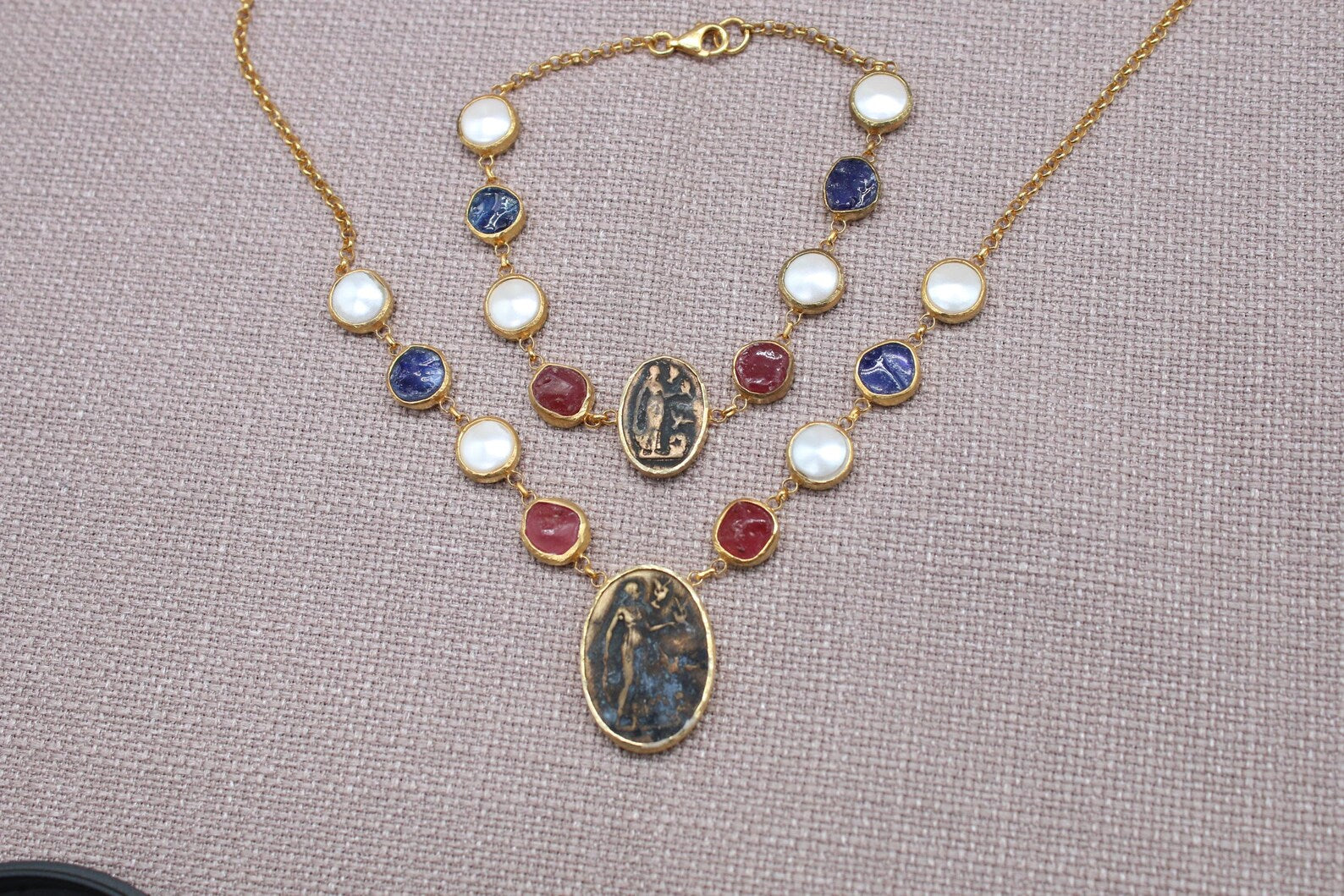 Virgin Mary Sapphire Ruby Pearl Jewelry Set Gold Plated Necklace Bracelet